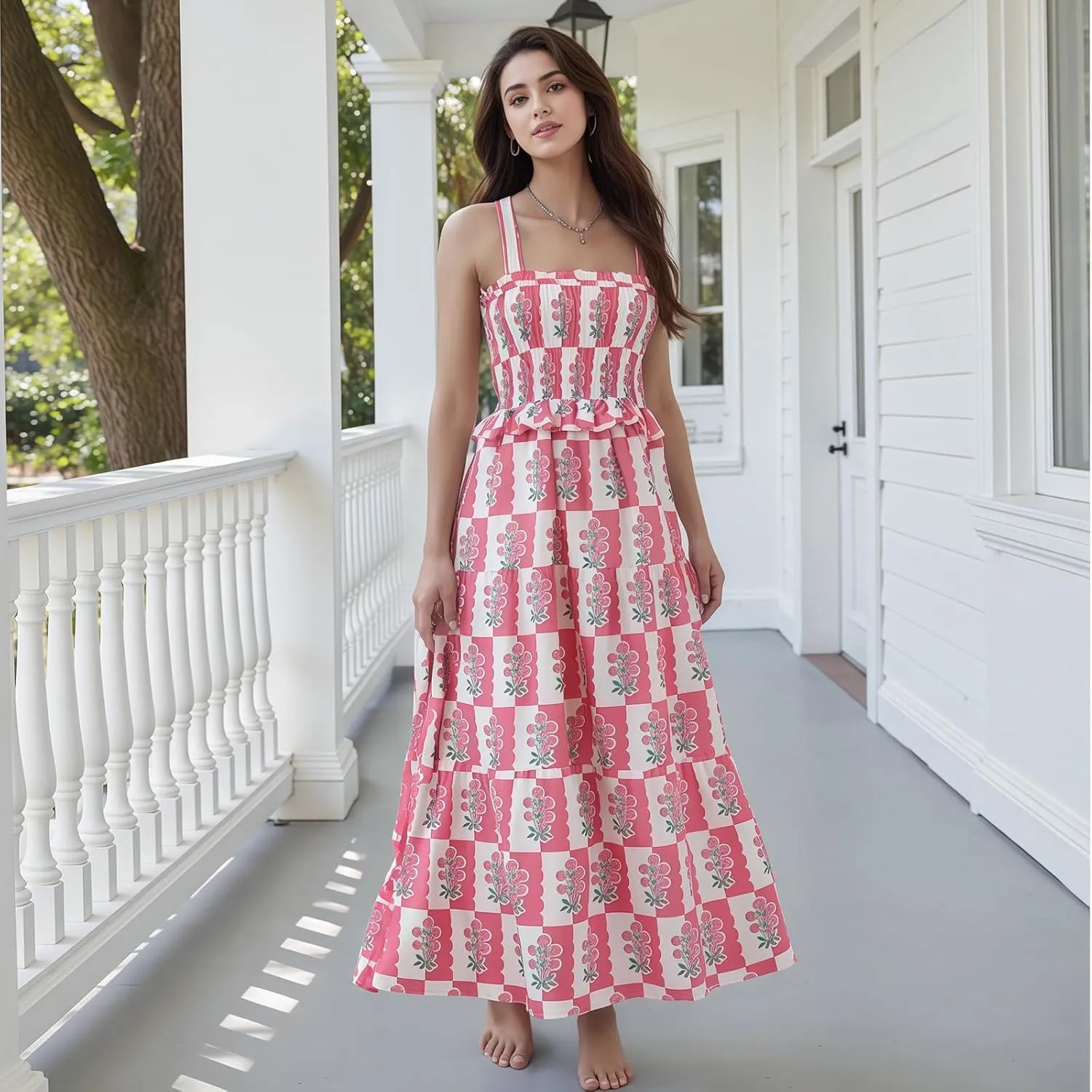 Women Summer Flowy Smocked Maxi Dress Sleeveless Spaghetti Strap Long Floral Dress Y2k Boho Beach Sundress