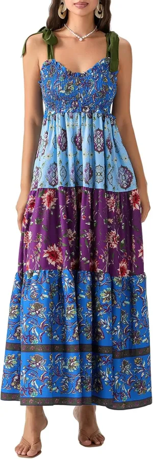 Women Summer Flowy Smocked Maxi Dress Sleeveless Spaghetti Strap Long Floral Dress Y2k Boho Beach Sundress
