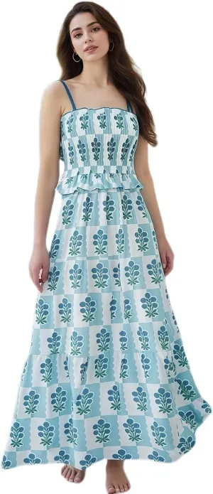Women Summer Flowy Smocked Maxi Dress Sleeveless Spaghetti Strap Long Floral Dress Y2k Boho Beach Sundress