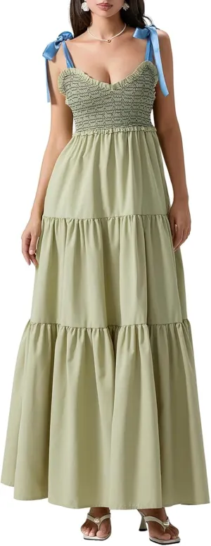 Women Summer Flowy Smocked Maxi Dress Sleeveless Spaghetti Strap Long Floral Dress Y2k Boho Beach Sundress