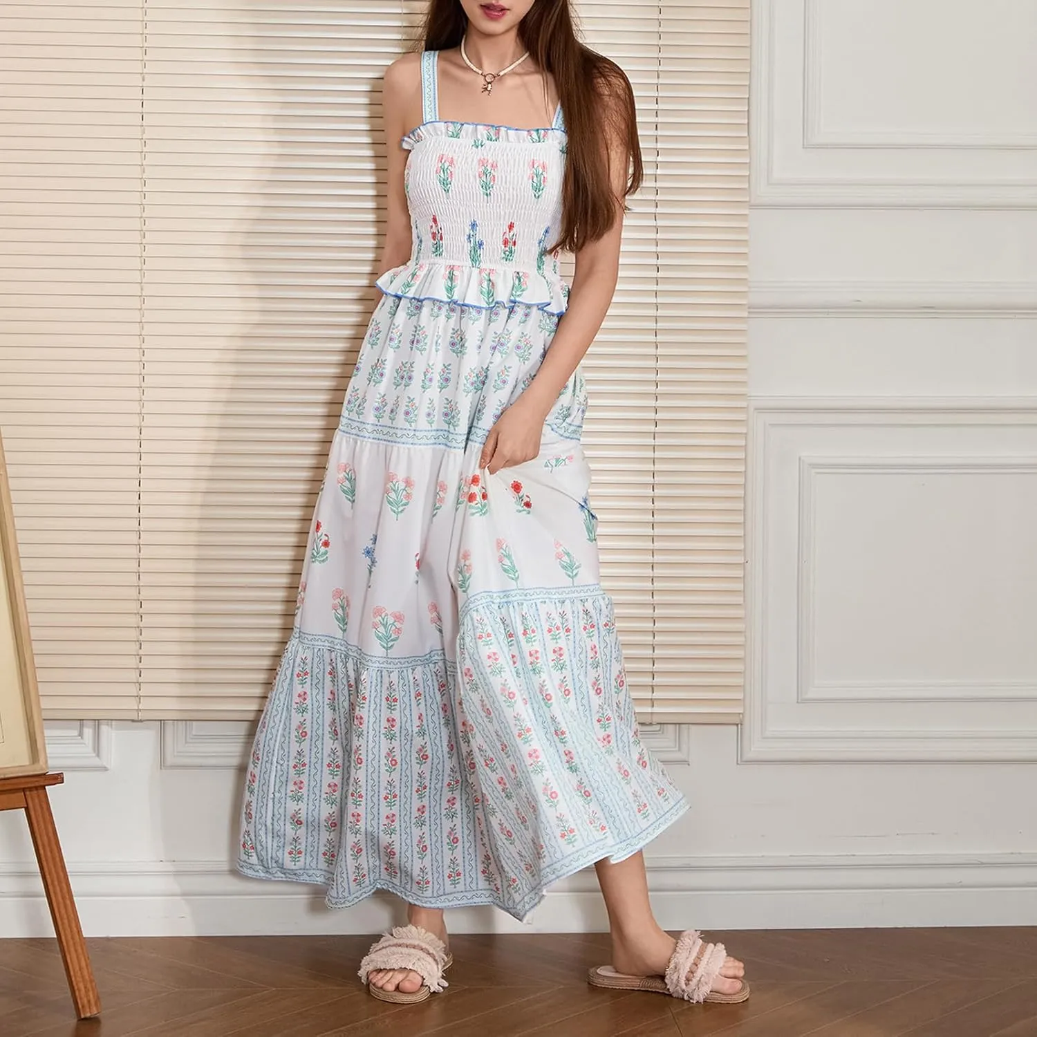 Women Summer Flowy Smocked Maxi Dress Sleeveless Spaghetti Strap Long Floral Dress Y2k Boho Beach Sundress