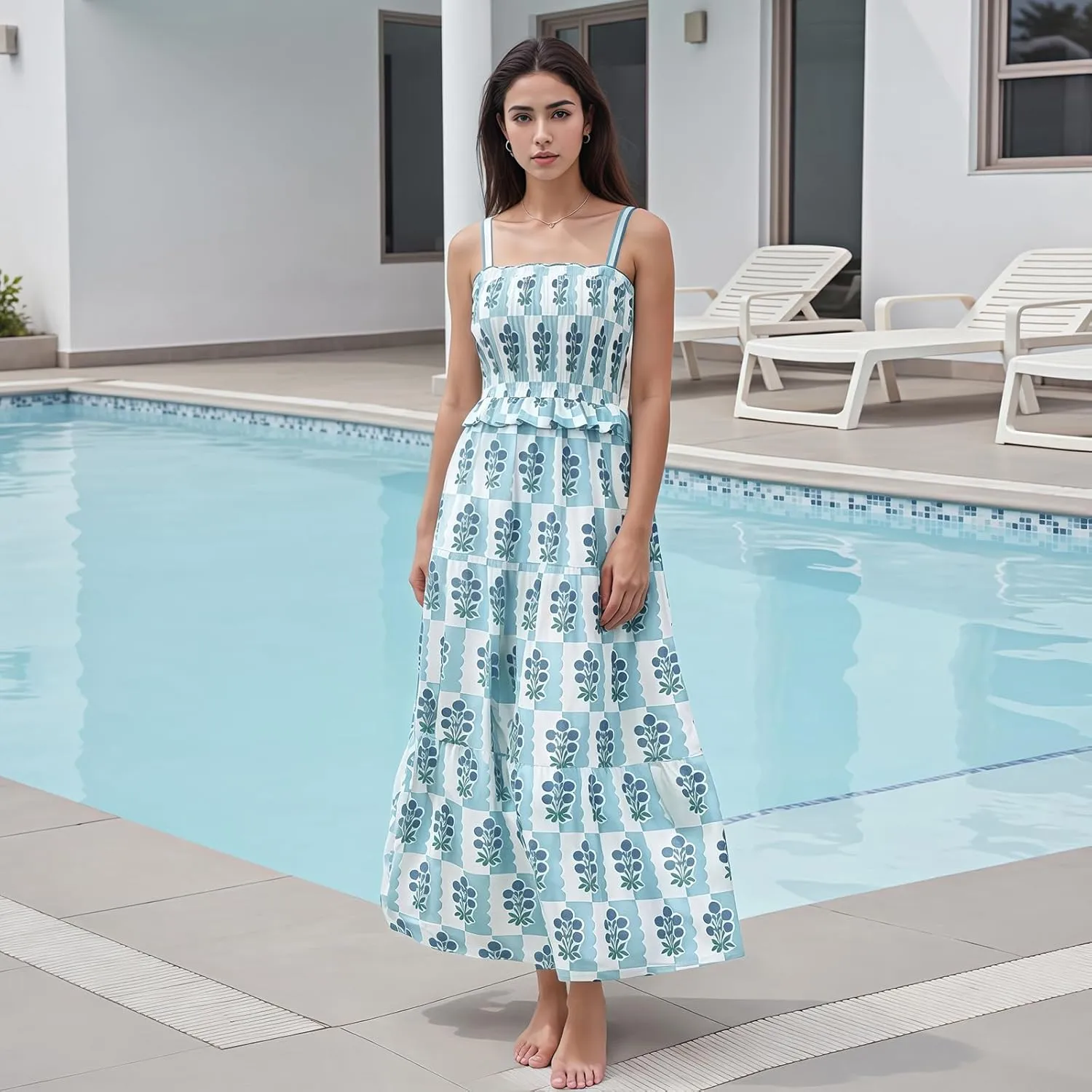 Women Summer Flowy Smocked Maxi Dress Sleeveless Spaghetti Strap Long Floral Dress Y2k Boho Beach Sundress