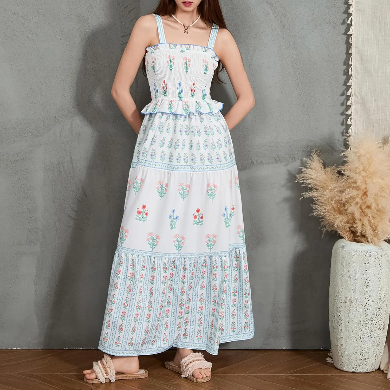 Women Summer Flowy Smocked Maxi Dress Sleeveless Spaghetti Strap Long Floral Dress Y2k Boho Beach Sundress
