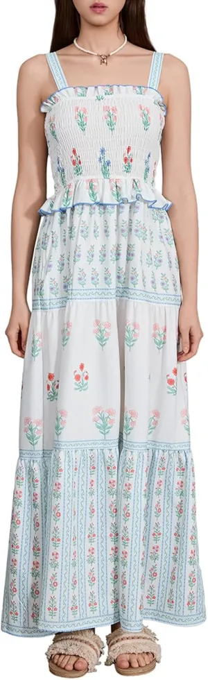 Women Summer Flowy Smocked Maxi Dress Sleeveless Spaghetti Strap Long Floral Dress Y2k Boho Beach Sundress