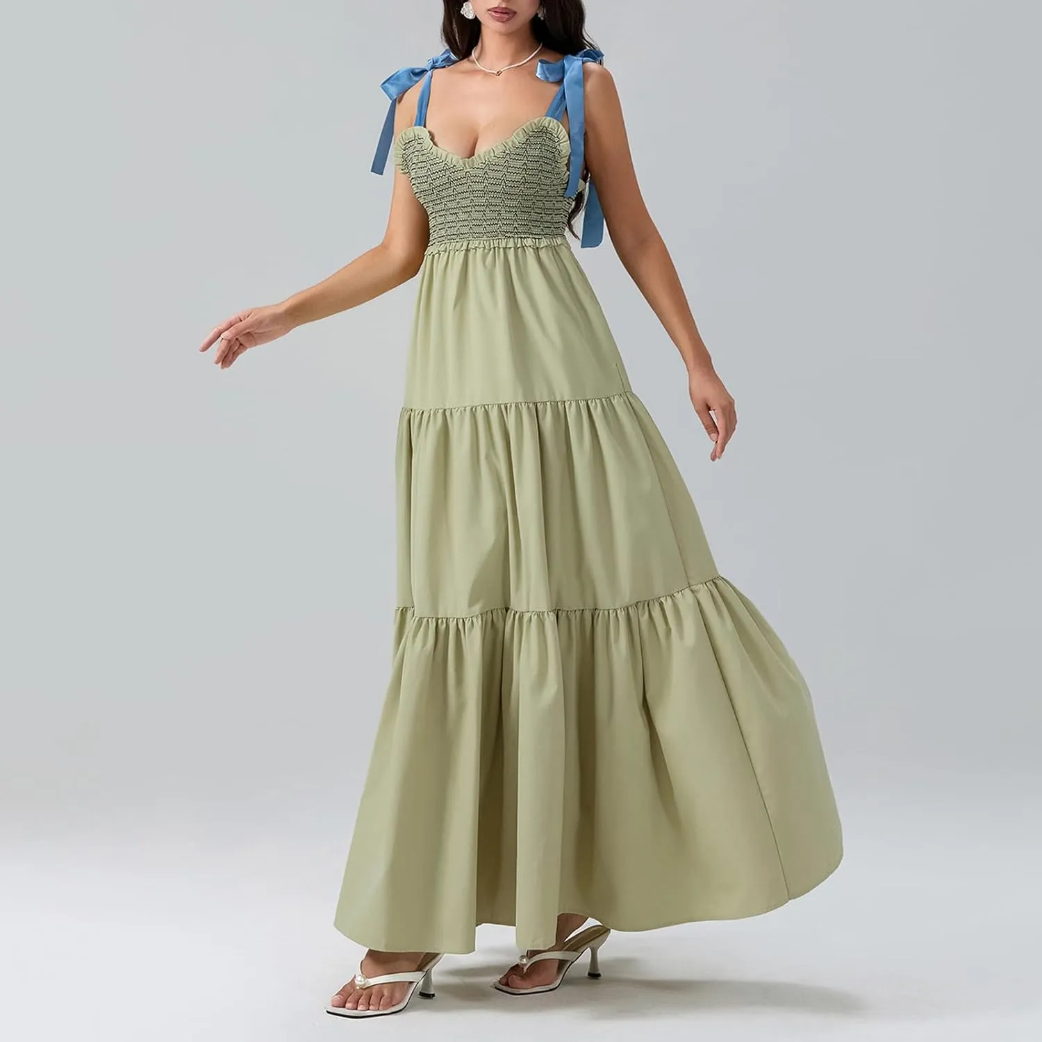 Women Summer Flowy Smocked Maxi Dress Sleeveless Spaghetti Strap Long Floral Dress Y2k Boho Beach Sundress