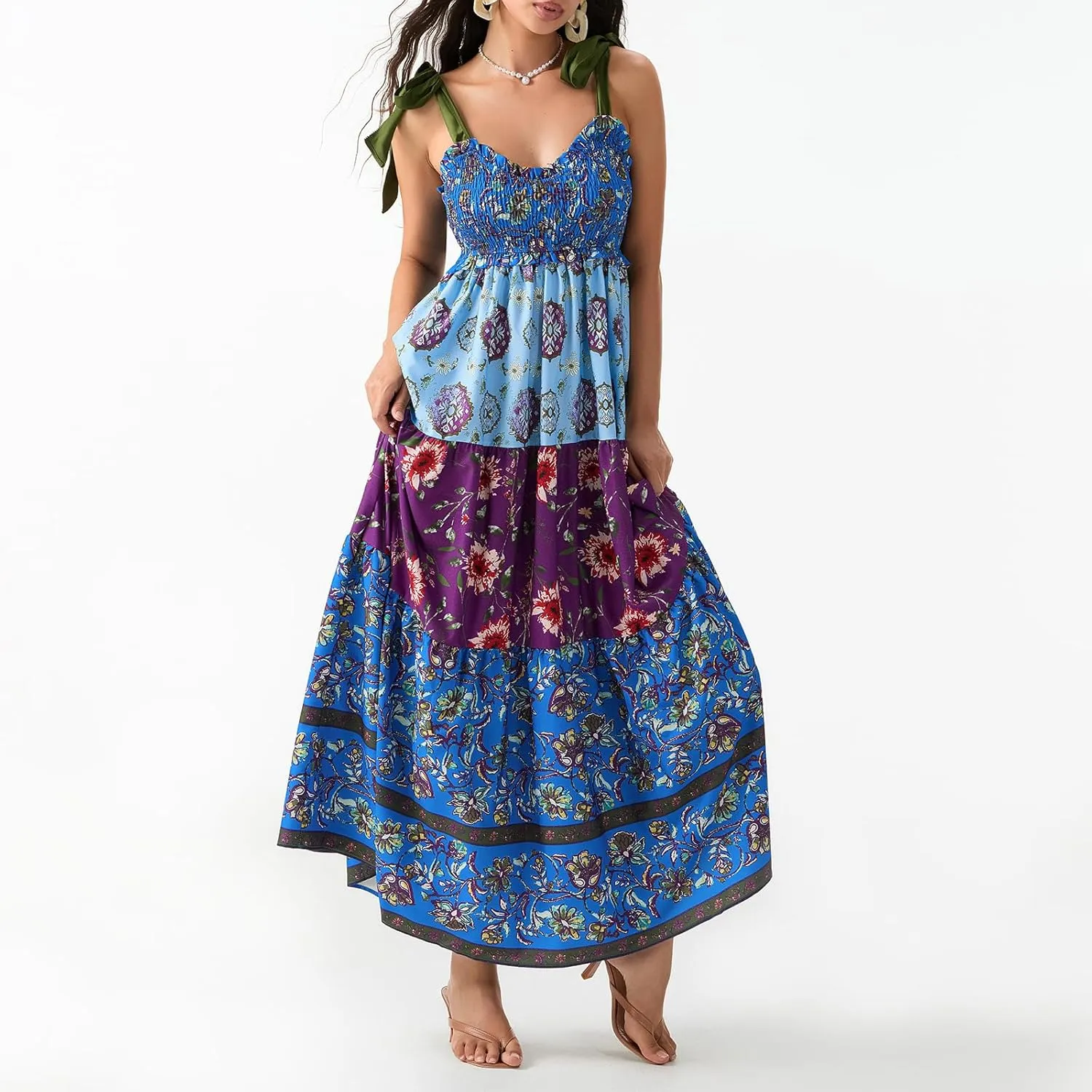 Women Summer Flowy Smocked Maxi Dress Sleeveless Spaghetti Strap Long Floral Dress Y2k Boho Beach Sundress