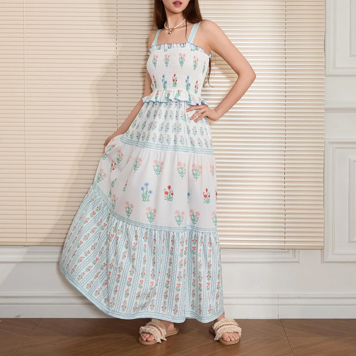 Women Summer Flowy Smocked Maxi Dress Sleeveless Spaghetti Strap Long Floral Dress Y2k Boho Beach Sundress