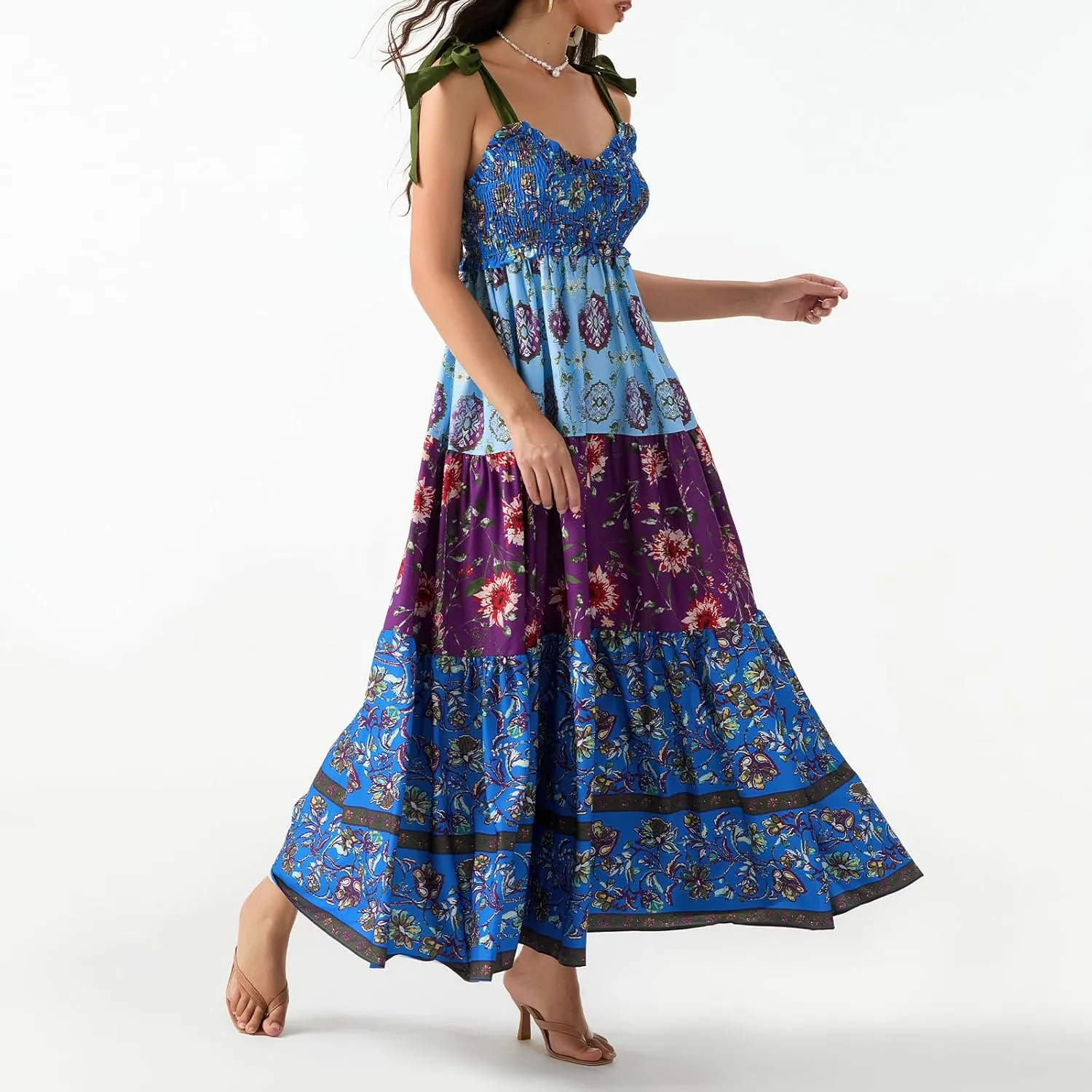 Women Summer Flowy Smocked Maxi Dress Sleeveless Spaghetti Strap Long Floral Dress Y2k Boho Beach Sundress