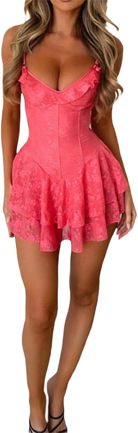 Women Y2k Lace Mini Dress Spaghetti Strap Floral Bow Tiered Ruffle Hem Party Dress