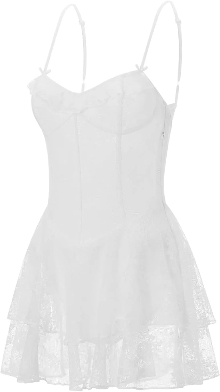 Women Y2k Lace Mini Dress Spaghetti Strap Floral Bow Tiered Ruffle Hem Party Dress