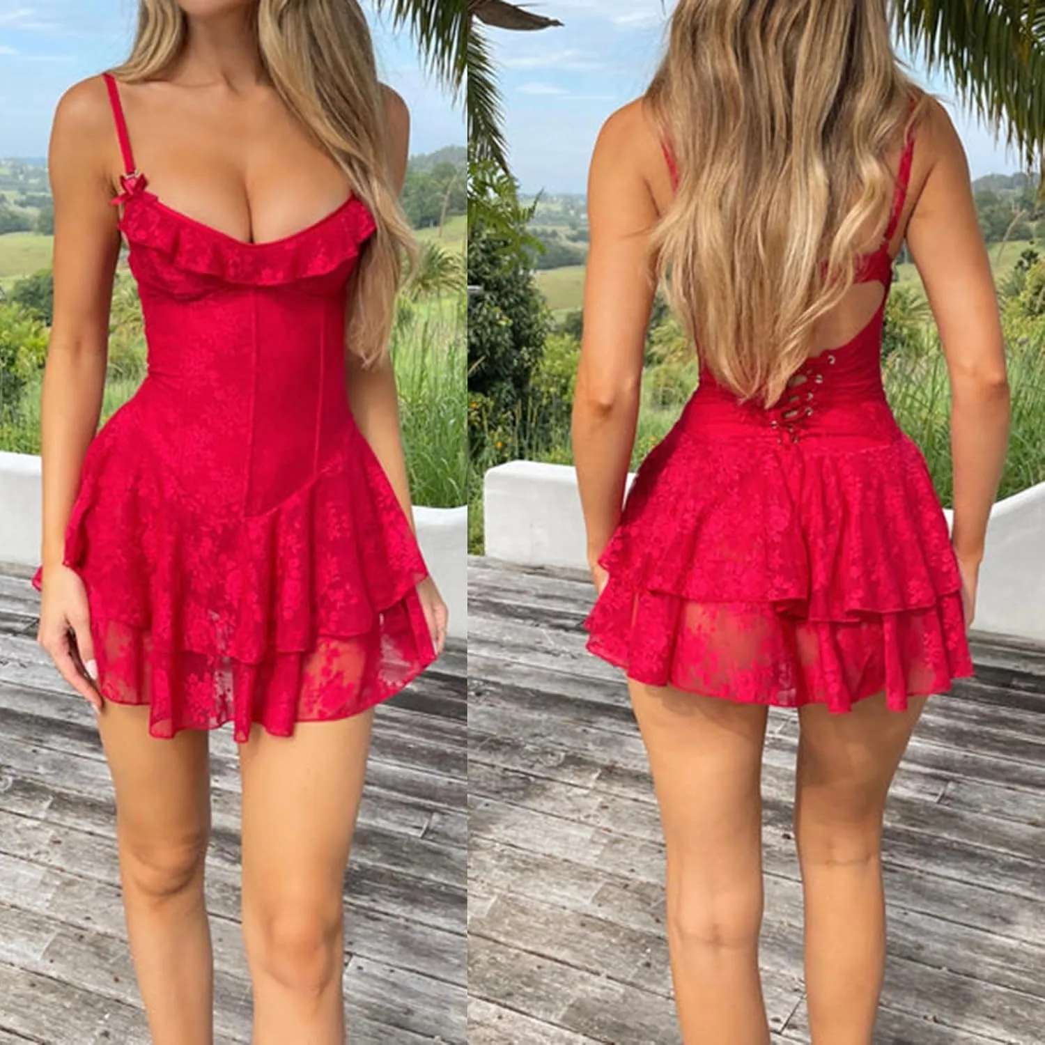 Women Y2k Lace Mini Dress Spaghetti Strap Floral Bow Tiered Ruffle Hem Party Dress