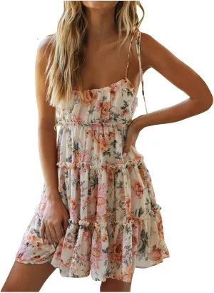 Womens 2024 Summer Floral Mini Dress Boho Flowy Skater Dresses Short Sleeveless Ruffle Spaghetti Strap Babydoll Dress