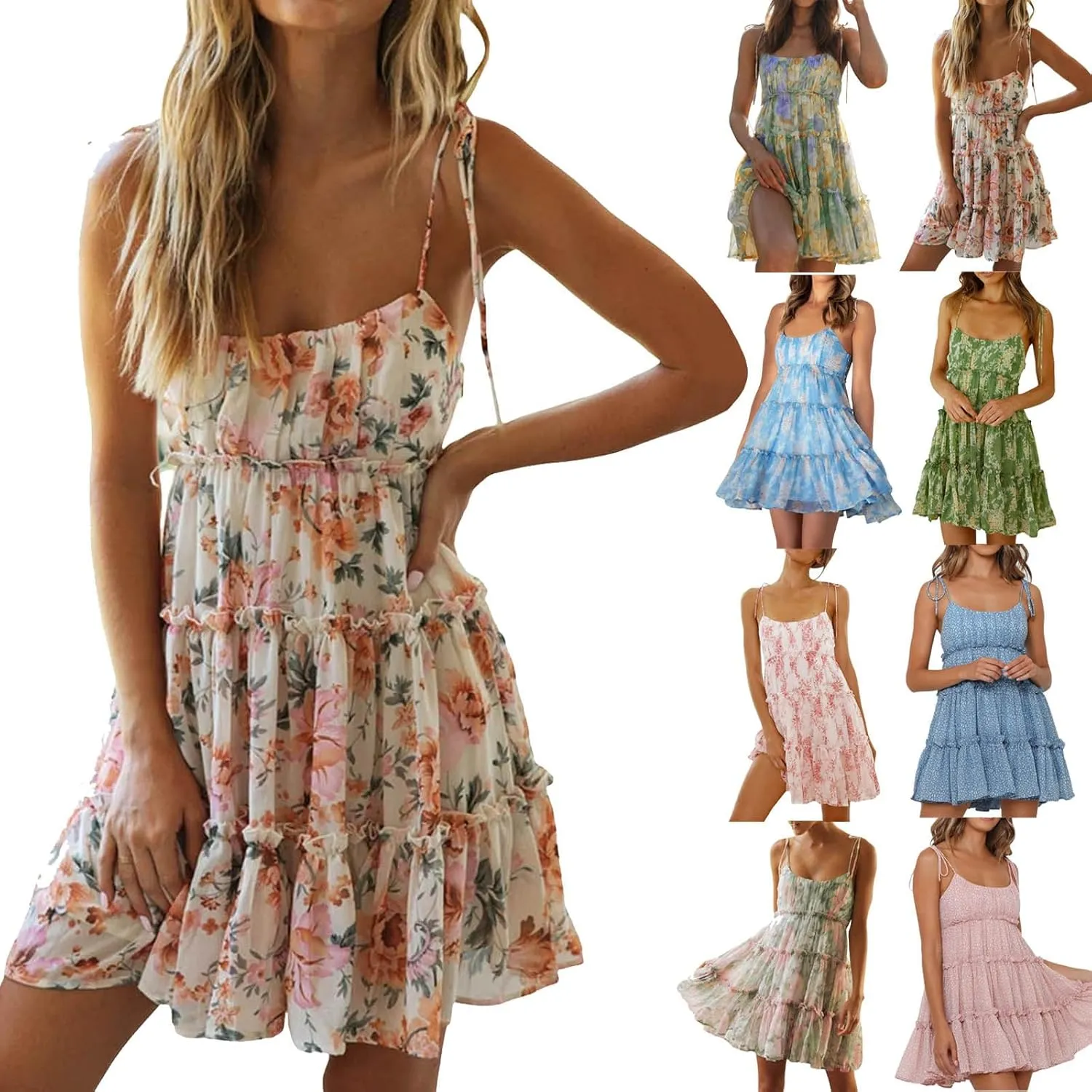 Womens 2024 Summer Floral Mini Dress Boho Flowy Skater Dresses Short Sleeveless Ruffle Spaghetti Strap Babydoll Dress