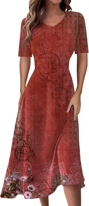 Women's 2025 Summer Casual Dresses Short Sleeve V Neck Flowy Loose Tiered Beach Swing Midi Dress