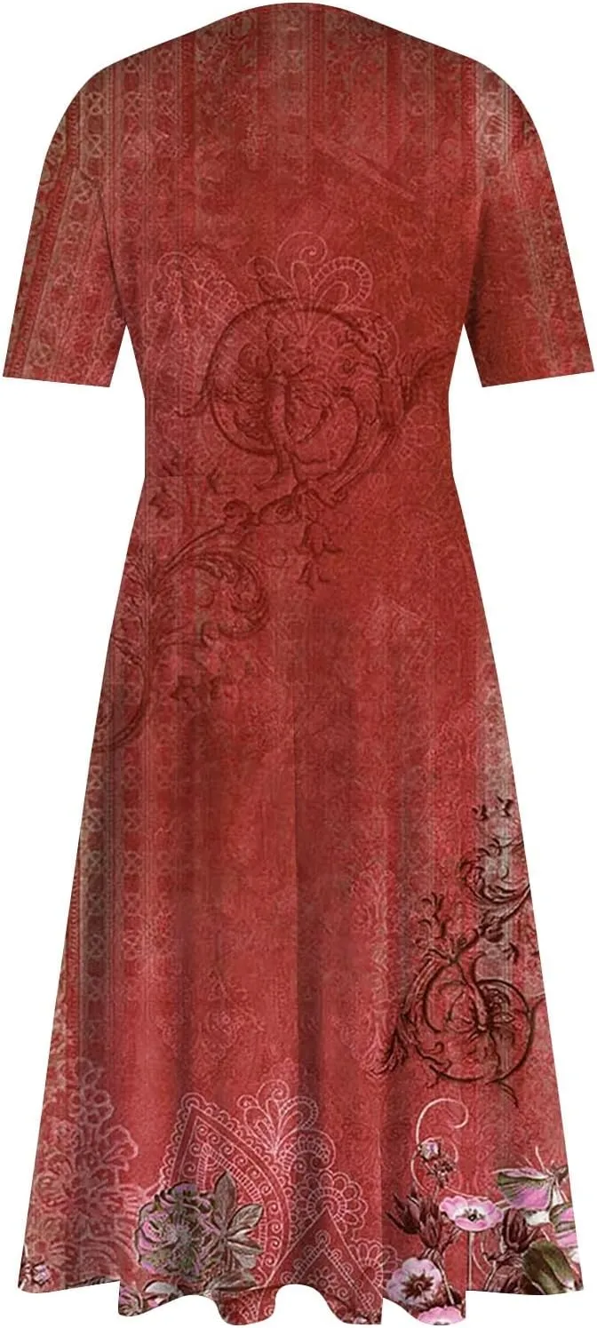 Women's 2025 Summer Casual Dresses Short Sleeve V Neck Flowy Loose Tiered Beach Swing Midi Dress