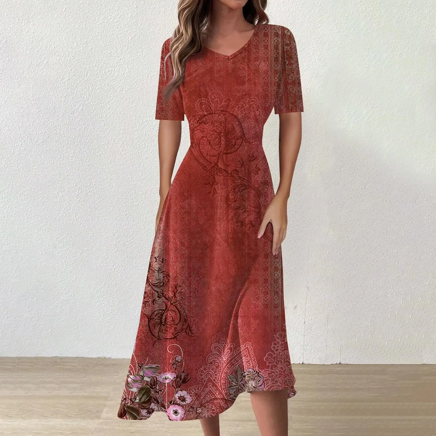Women's 2025 Summer Casual Dresses Short Sleeve V Neck Flowy Loose Tiered Beach Swing Midi Dress