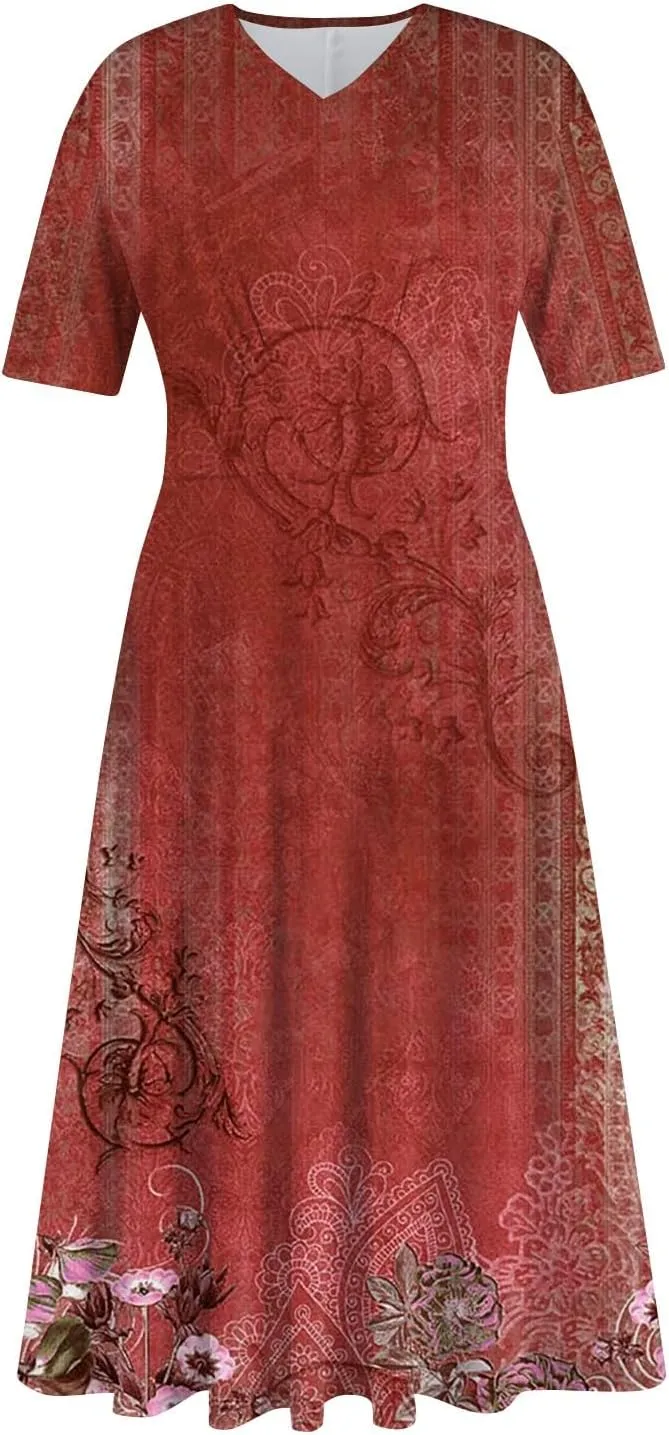 Women's 2025 Summer Casual Dresses Short Sleeve V Neck Flowy Loose Tiered Beach Swing Midi Dress