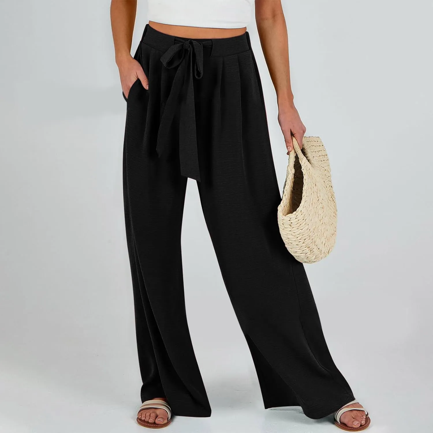 Women's 2025 Summer Lightweight Loose Lace Up High Waist Pants Casual Solid Color Baggy Wide Leg Trousers with Pockets