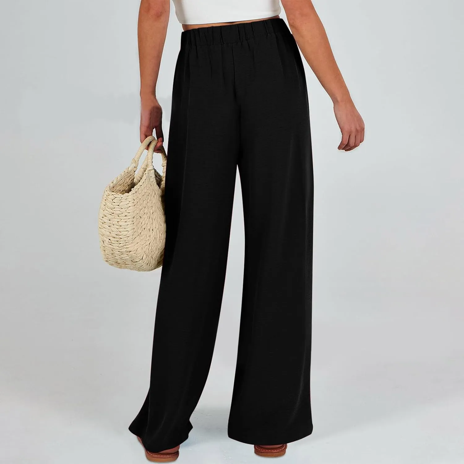 Women's 2025 Summer Lightweight Loose Lace Up High Waist Pants Casual Solid Color Baggy Wide Leg Trousers with Pockets