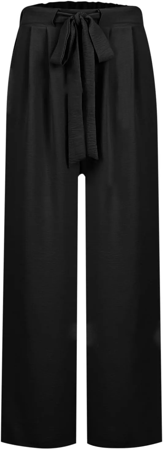 Women's 2025 Summer Lightweight Loose Lace Up High Waist Pants Casual Solid Color Baggy Wide Leg Trousers with Pockets