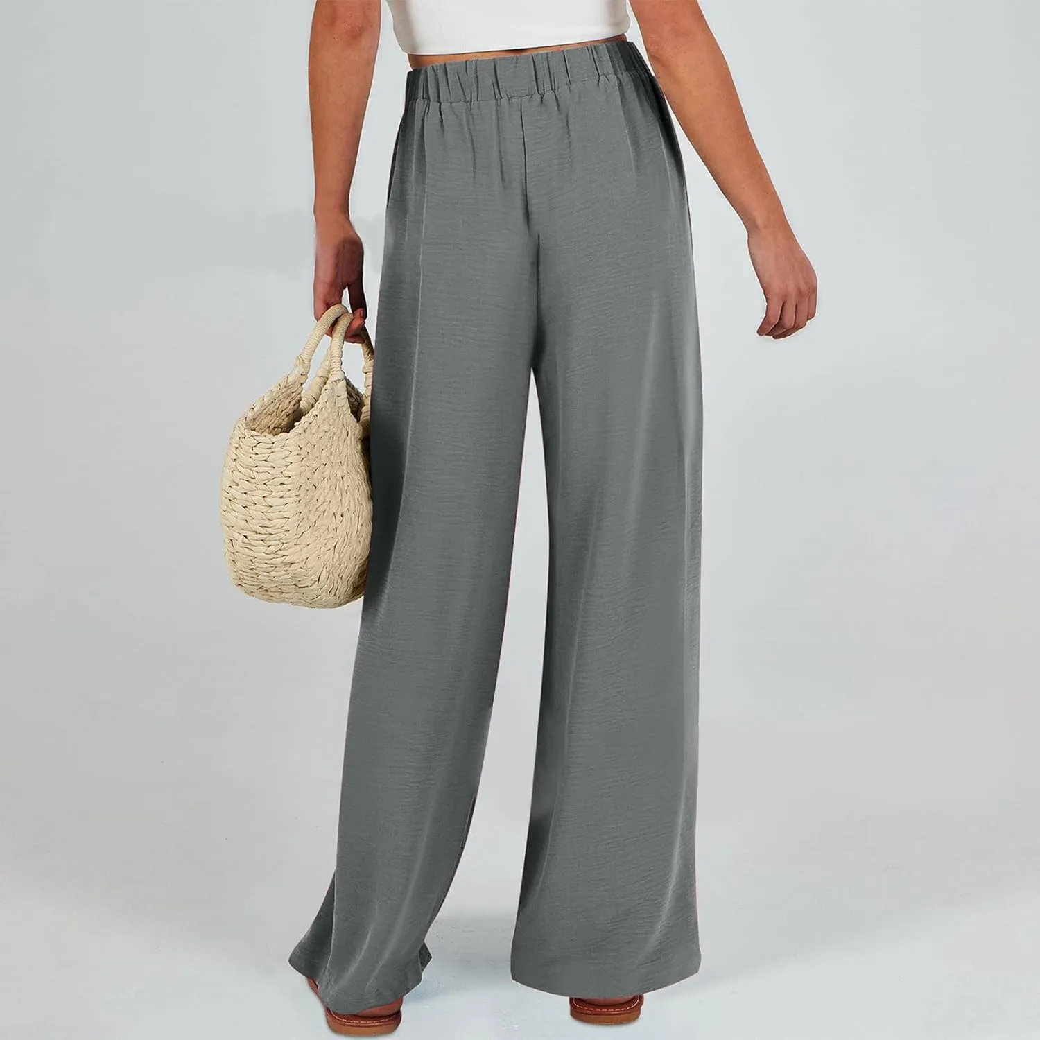 Women's 2025 Summer Lightweight Loose Lace Up High Waist Pants Casual Solid Color Baggy Wide Leg Trousers with Pockets