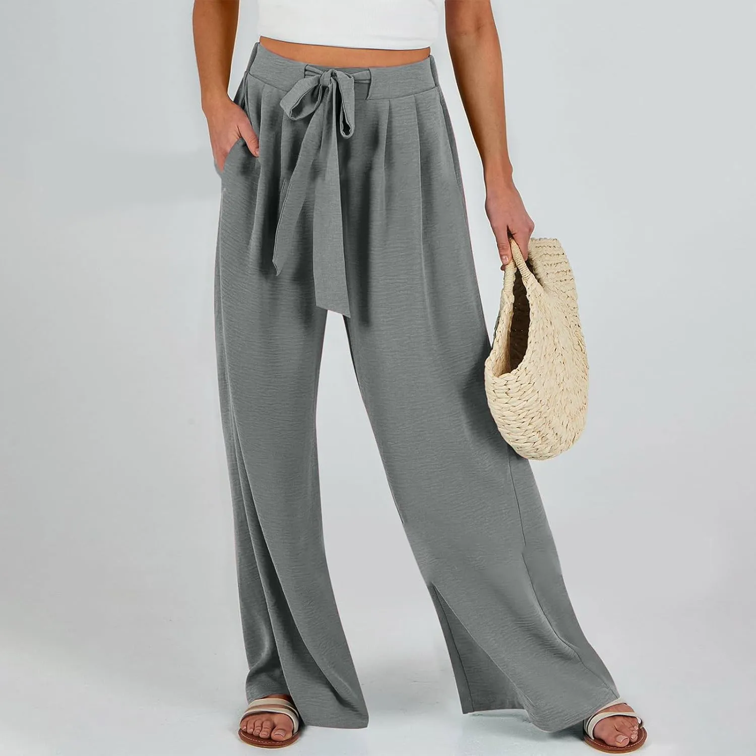 Women's 2025 Summer Lightweight Loose Lace Up High Waist Pants Casual Solid Color Baggy Wide Leg Trousers with Pockets
