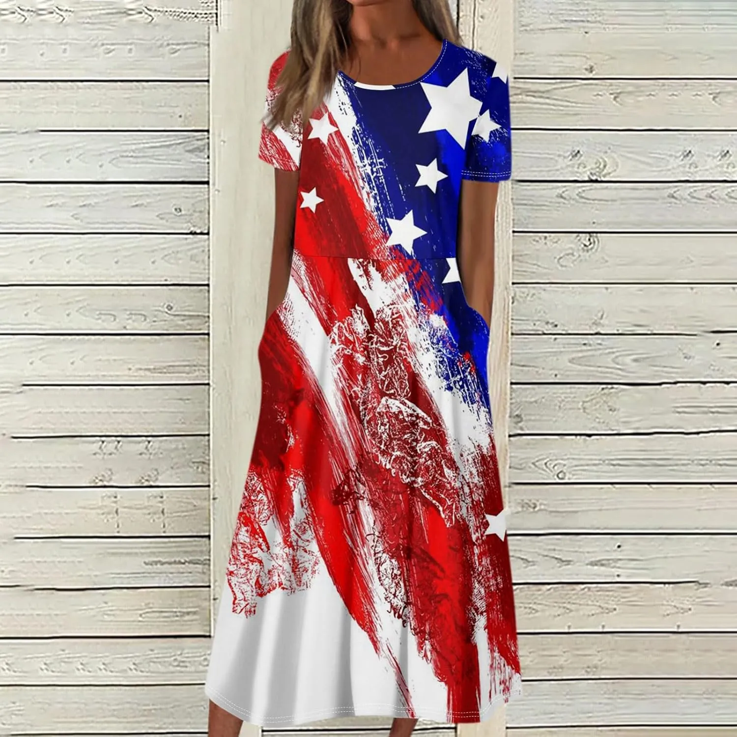 Womens 4th of July Dresses Independence Day Red Patriotic Tunic Dress Short Sleeve V Neck 2025 Flag Sundress with Pocket