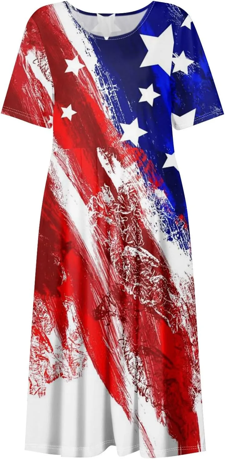 Womens 4th of July Dresses Independence Day Red Patriotic Tunic Dress Short Sleeve V Neck 2025 Flag Sundress with Pocket