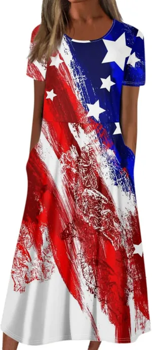 Womens 4th of July Dresses Independence Day Red Patriotic Tunic Dress Short Sleeve V Neck 2025 Flag Sundress with Pocket