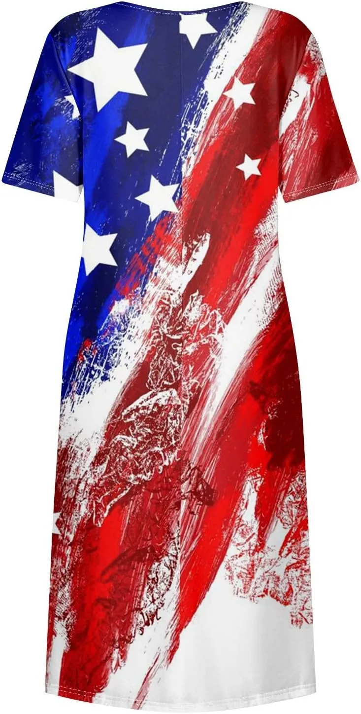 Womens 4th of July Dresses Independence Day Red Patriotic Tunic Dress Short Sleeve V Neck 2025 Flag Sundress with Pocket