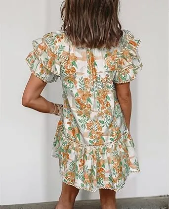 Women's Boho Floral Print Contrast Edge Dress Layered Short Sleeve Mini Dresses Ruffle Tie Front Babydoll Dresses