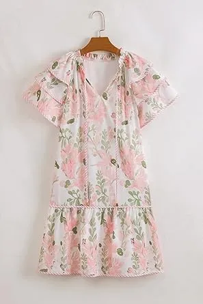 Women's Boho Floral Print Contrast Edge Dress Layered Short Sleeve Mini Dresses Ruffle Tie Front Babydoll Dresses