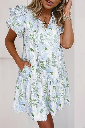 Women's Boho Floral Print Contrast Edge Dress Layered Short Sleeve Mini Dresses Ruffle Tie Front Babydoll Dresses