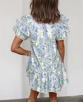 Women's Boho Floral Print Contrast Edge Dress Layered Short Sleeve Mini Dresses Ruffle Tie Front Babydoll Dresses