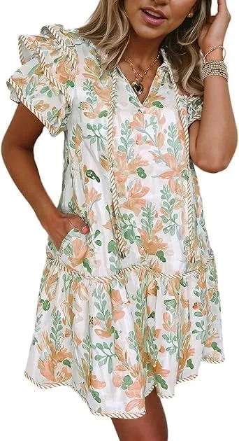 Women's Boho Floral Print Contrast Edge Dress Layered Short Sleeve Mini Dresses Ruffle Tie Front Babydoll Dresses