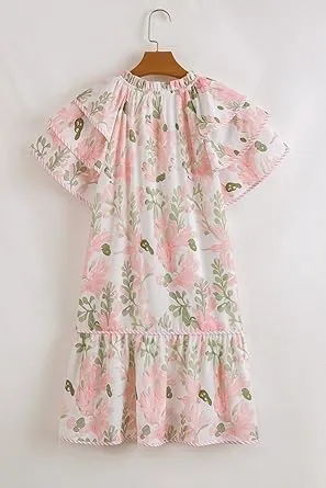 Women's Boho Floral Print Contrast Edge Dress Layered Short Sleeve Mini Dresses Ruffle Tie Front Babydoll Dresses