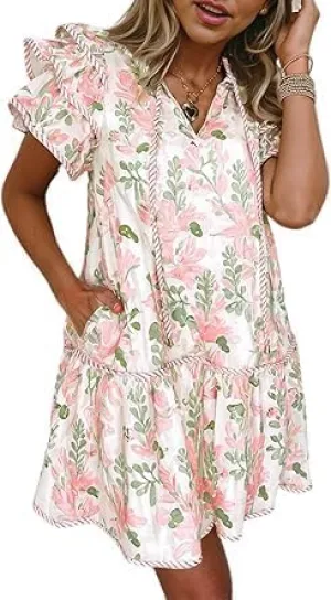 Women's Boho Floral Print Contrast Edge Dress Layered Short Sleeve Mini Dresses Ruffle Tie Front Babydoll Dresses