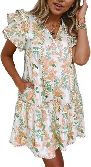 Women's Boho Floral Print Contrast Edge Dress Layered Short Sleeve Mini Dresses Ruffle Tie Front Babydoll Dresses