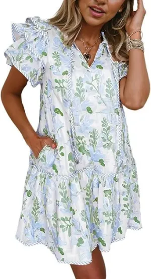 Women's Boho Floral Print Contrast Edge Dress Layered Short Sleeve Mini Dresses Ruffle Tie Front Babydoll Dresses