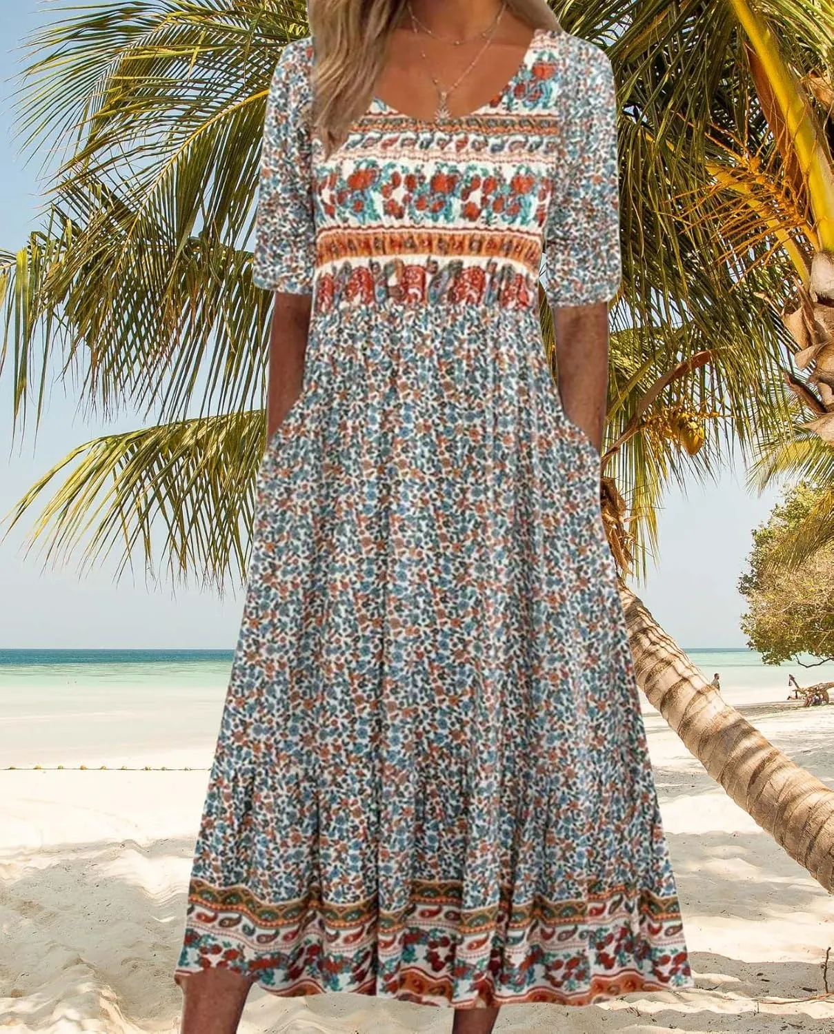 Womens Boho Floral Print Maxi Dress Short Sleeve Casual Fit Flowy Dresses Summer Loose Beach Skirt with Pockets