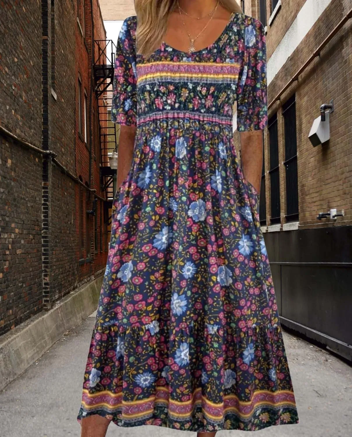 Womens Boho Floral Print Maxi Dress Short Sleeve Casual Fit Flowy Dresses Summer Loose Beach Skirt with Pockets