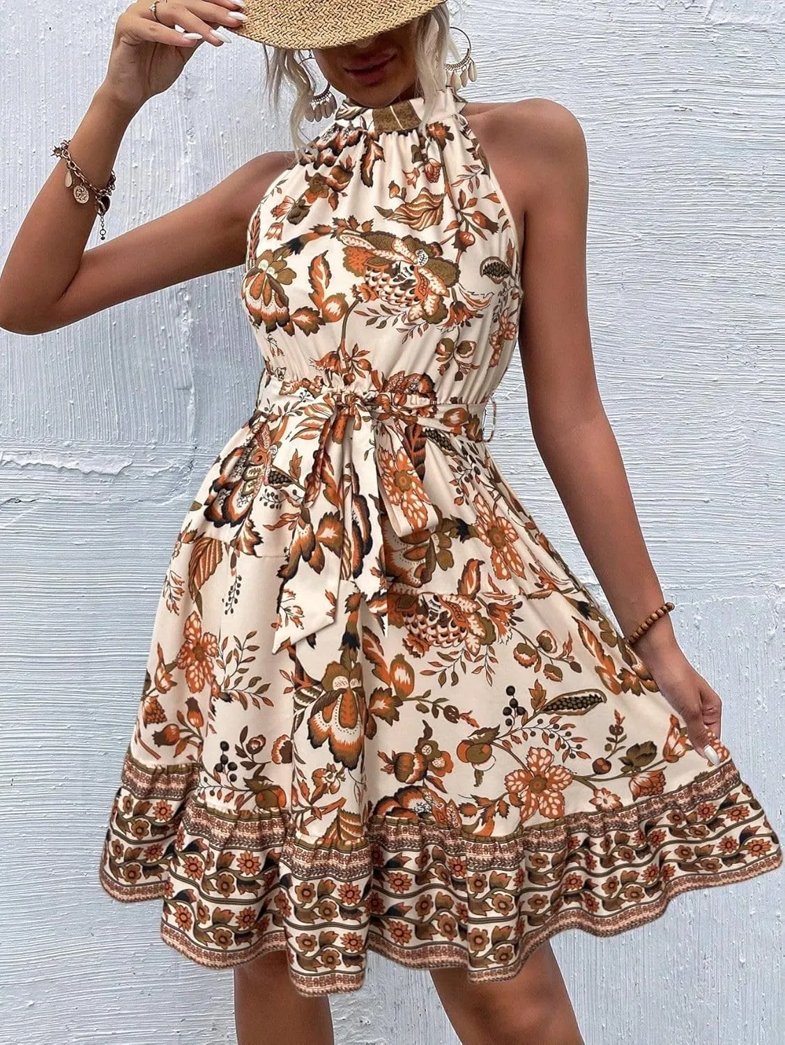 Women's Boho Floral Sundress Halter Neck A-line Sleeveless Flowy Midi Dresses 2025 Summer Casual Beach Vacation Mini Dress