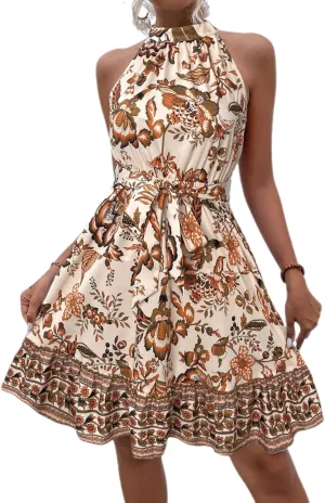Women's Boho Floral Sundress Halter Neck A-line Sleeveless Flowy Midi Dresses 2025 Summer Casual Beach Vacation Mini Dress