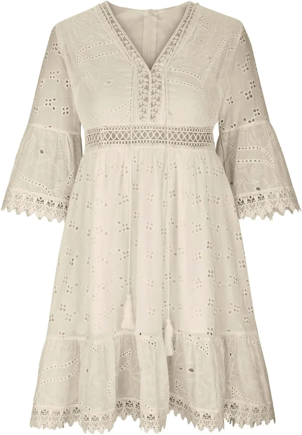Women's Boho Lace Dress,2025 Spring Summer Vacation Aline Dresses V Neck Half Sleeve Beach Ruffle Pleated Dress Loose
