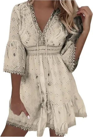 Women's Boho Lace Dress,2025 Spring Summer Vacation Aline Dresses V Neck Half Sleeve Beach Ruffle Pleated Dress Loose