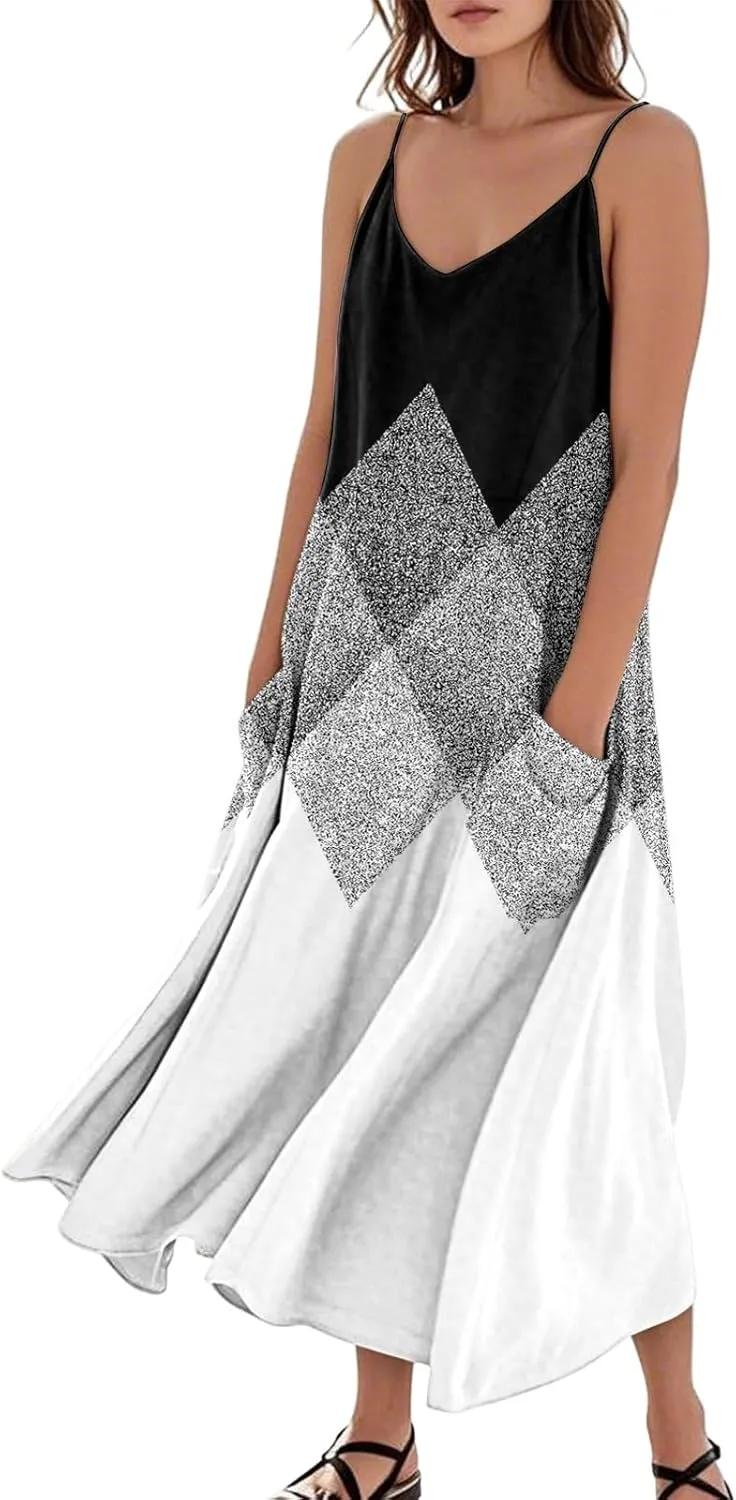 Women's Boho Sundress 2025 Floral Adjustable Spaghetti Strap V Neck Long Maxi Dress Summer Beach Flowy Sundress