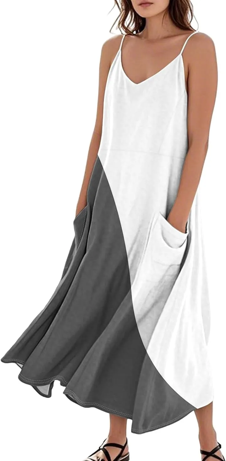 Women's Boho Sundress 2025 Floral Adjustable Spaghetti Strap V Neck Long Maxi Dress Summer Beach Flowy Sundress