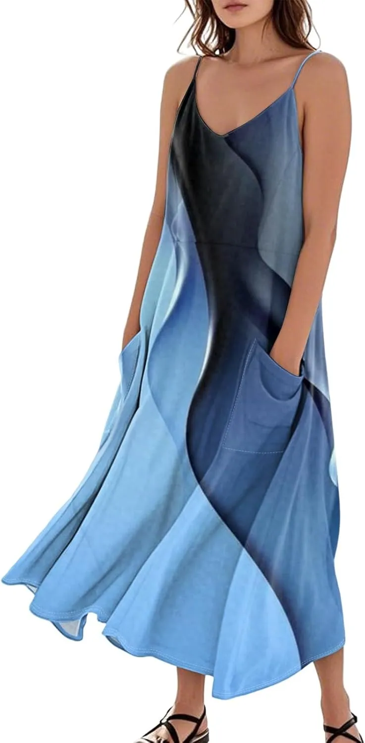 Women's Boho Sundress 2025 Floral Adjustable Spaghetti Strap V Neck Long Maxi Dress Summer Beach Flowy Sundress