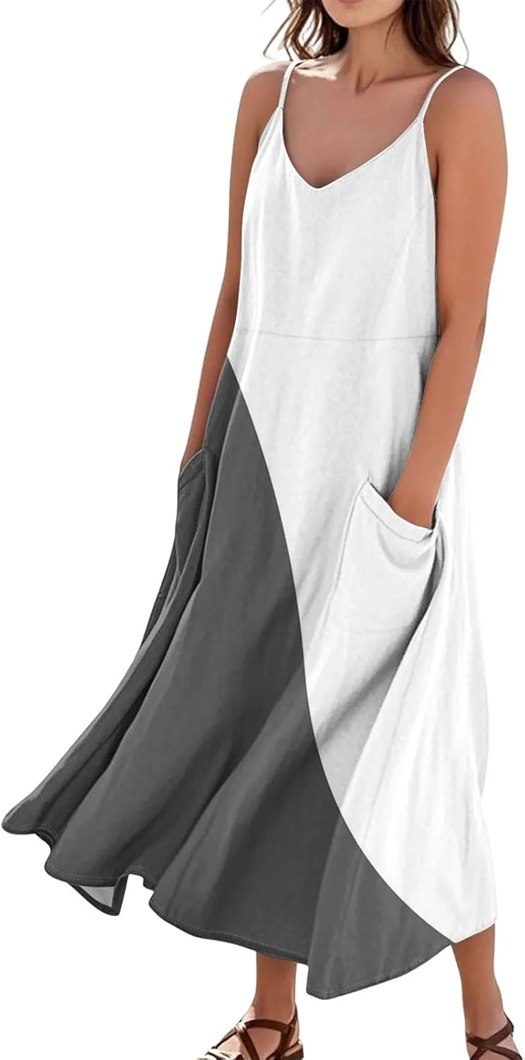 Women's Boho Sundress 2025 Floral Adjustable Spaghetti Strap V Neck Long Maxi Dress Summer Beach Flowy Sundress