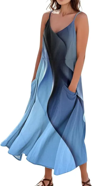 Women's Boho Sundress 2025 Floral Adjustable Spaghetti Strap V Neck Long Maxi Dress Summer Beach Flowy Sundress